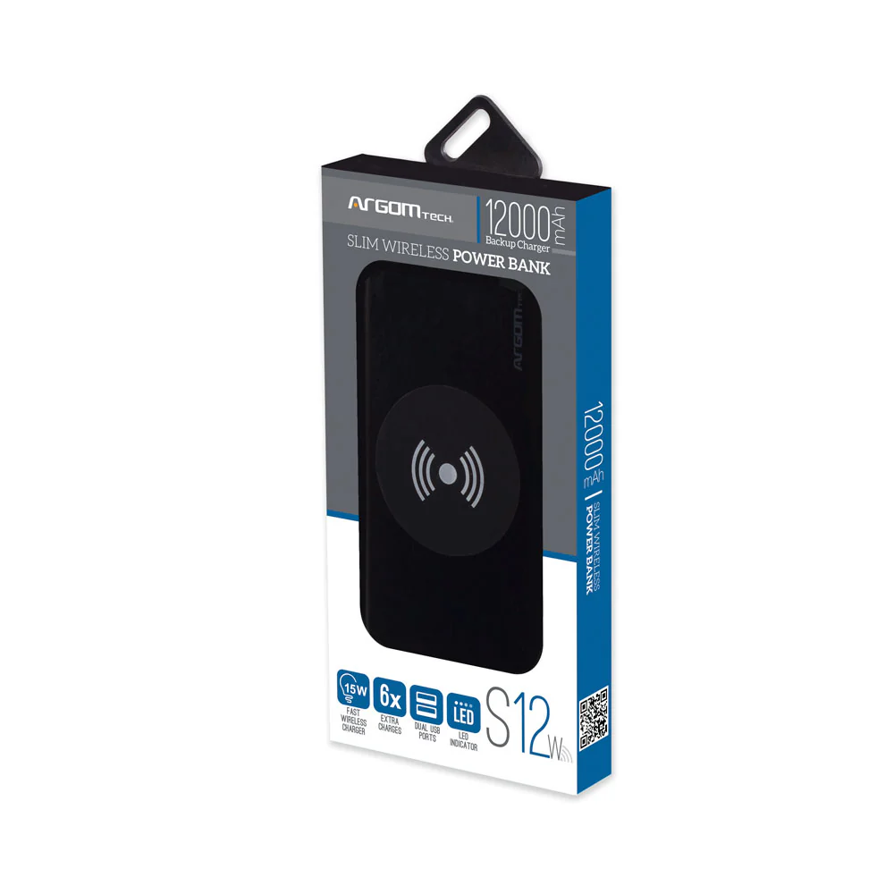 Powerbank S12W 12,000mAh con Carga Inalámbrica Rápida USB-C Negro